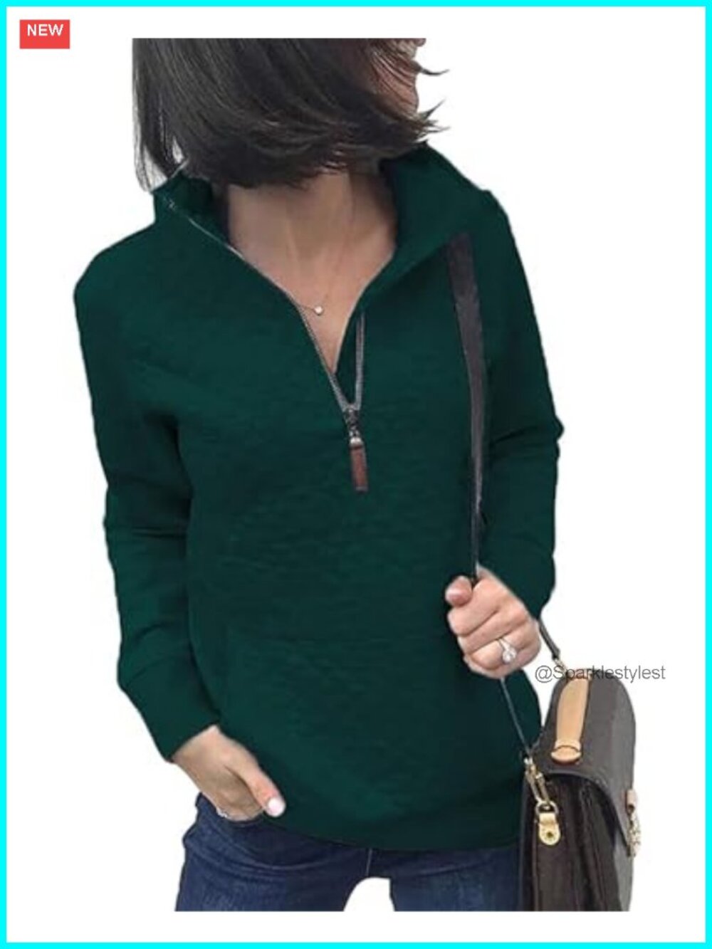 Womens Quarter Zip Quilted Sweatshirt Long Sleeve Kangaroo Pocket